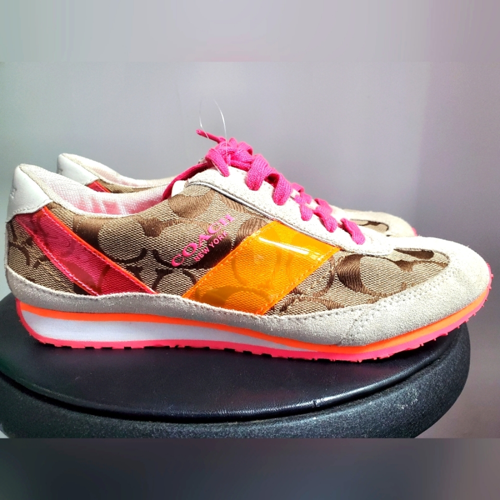 Women Coach Mae Khaki/Orange suede sneaker w/logo